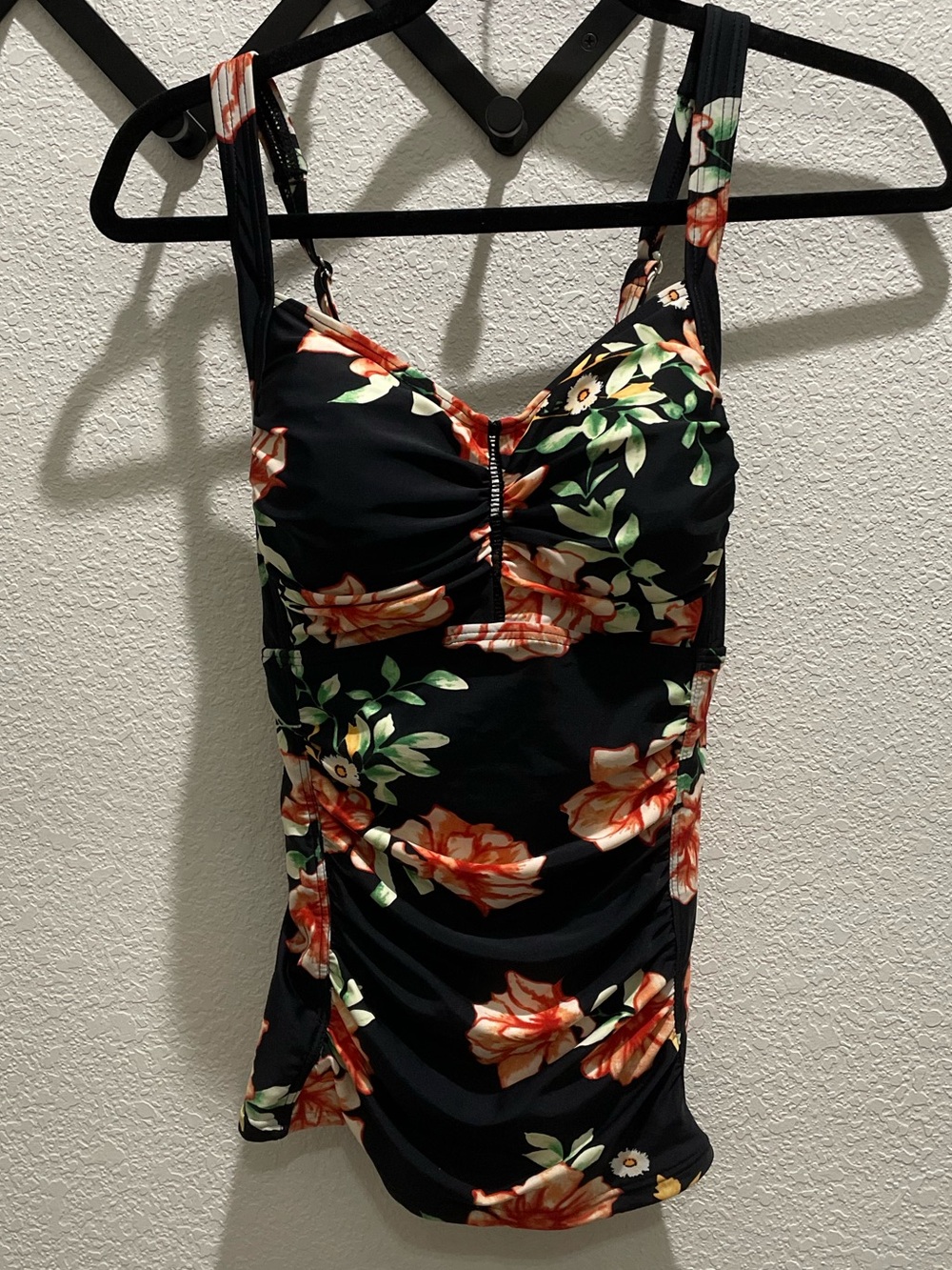 Floral Ruched Black Tankini Top - Women's Swim